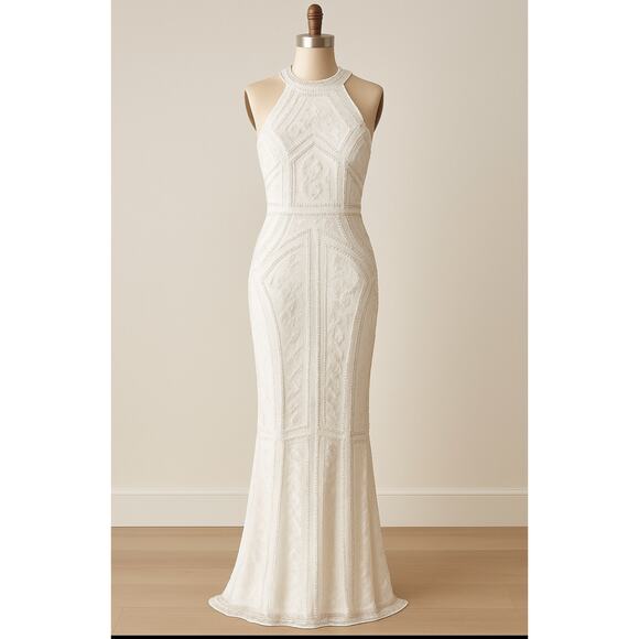 Lulus White Beaded Sequin Halter Gown Dress Bridal Formal Maxi NWT Size Small - Picture 2 of 11